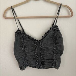 Mustard Seed Size L Black Charcoal Demin Like Stretch Ruffle Crop Top